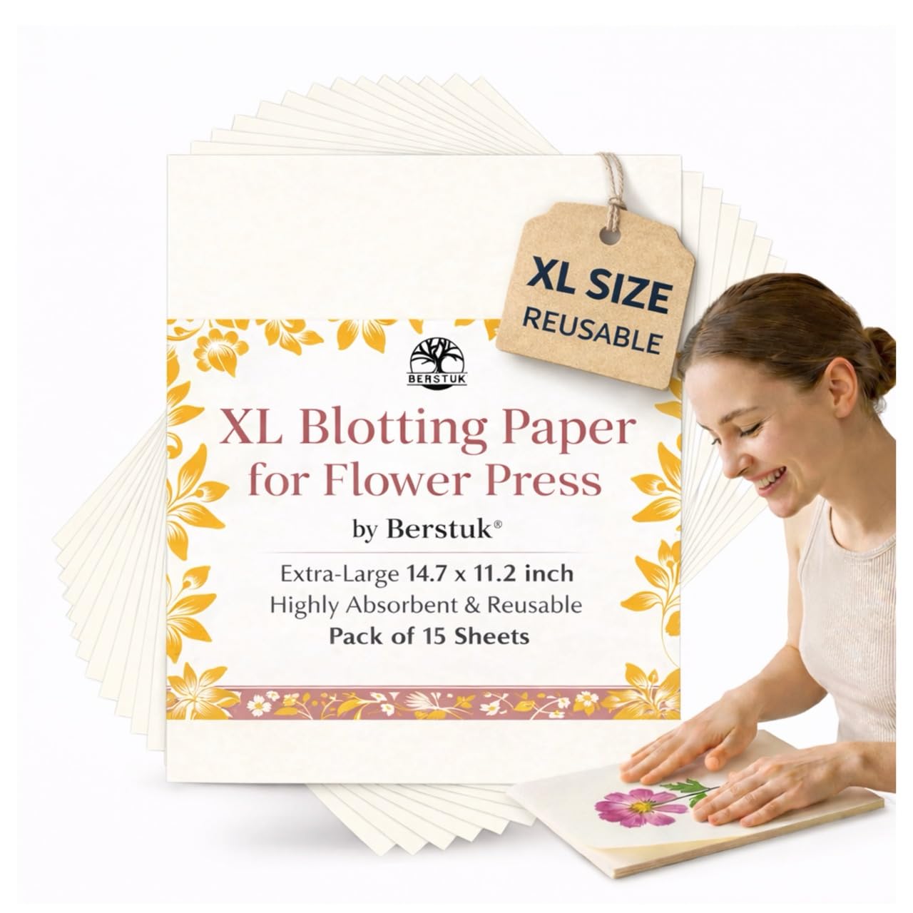 XL Blotting Paper for Flower Press by Berstuk® • Extra-Large 14.7 x 11.2 inch • Highly Absorbent and Reusable Herbarium Paper • Pack of 15 Blotter Sheets
