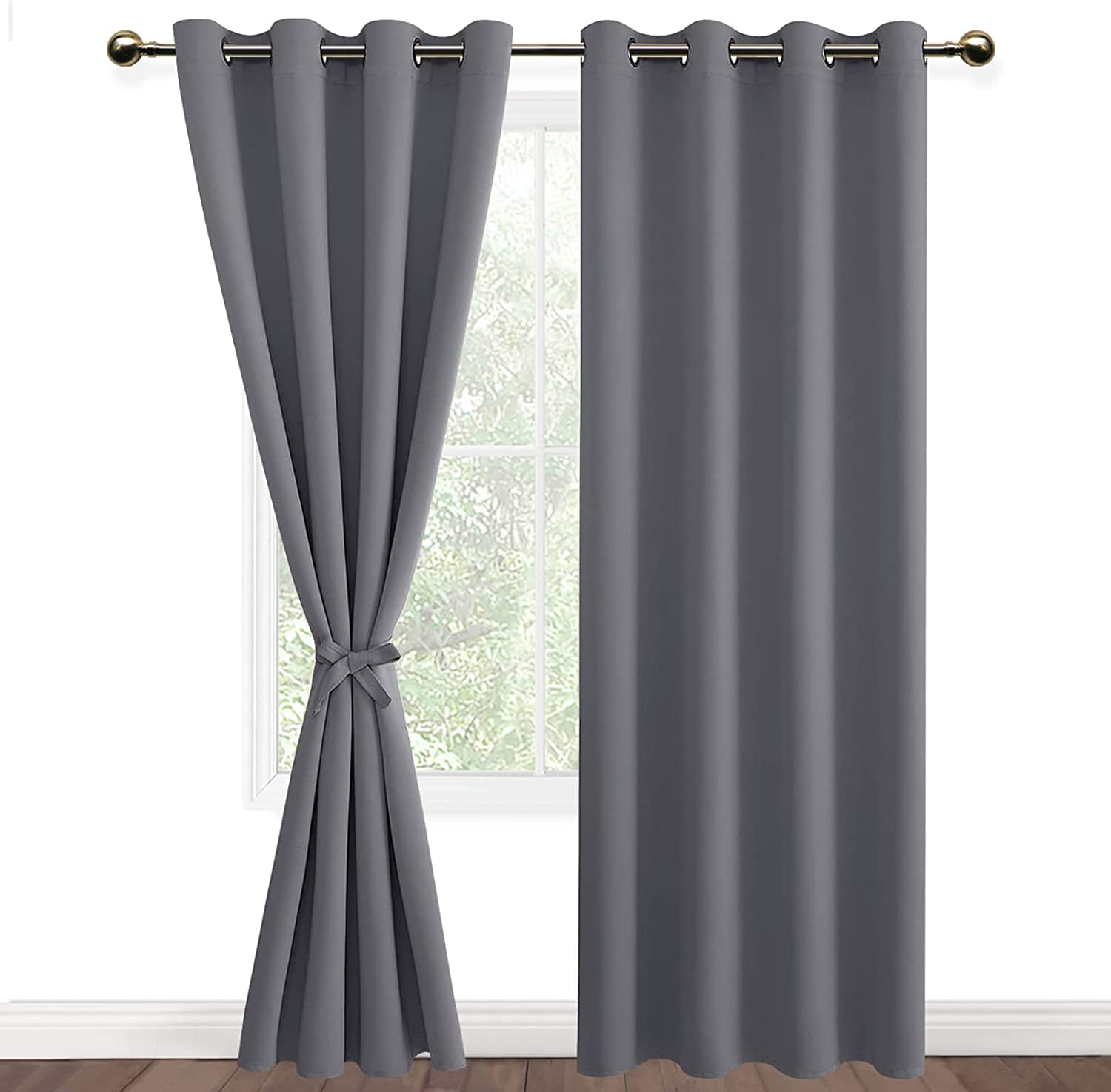 DWCN Grey Blackout Curtains with Tiebacks for Bedroom Thermal Insulated Solid Eyelet Curtains for Living Room,2 Panels,52" Wide x 84" Drop