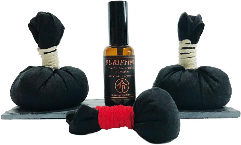 2 Pindas of Body Massage, 1 Facial Pinda and Purifying Massage Oil with Essential Oil of Tea Tree, Grapefruit and Geranium