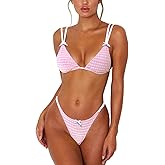 ForBeautyShe Women's Sexy Thong Bottom Two Piece Bikini Double Shoulder Straps Cute Swimsuit Triangle Bathing Suit