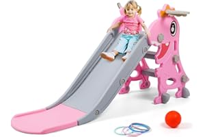 BFAZKXY Indoor Slide for Toddlers 1-3, Foldable Kids Toddler Indoor Slide Playset, Indoor and Outdoor Playground, Toddler Climber Playset with Basketball Hoop and Ring Toss(Pink)