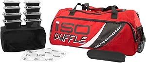 Meal Prep Duffle 4 Meal ISODUFFLE Gym Bag Meal Prep Management Insulated Lunch Bag with 8 Stackable Meal Prep Containers, 2 ISOBRICKS and Shoulder Strap -MADE IN USA (Red)