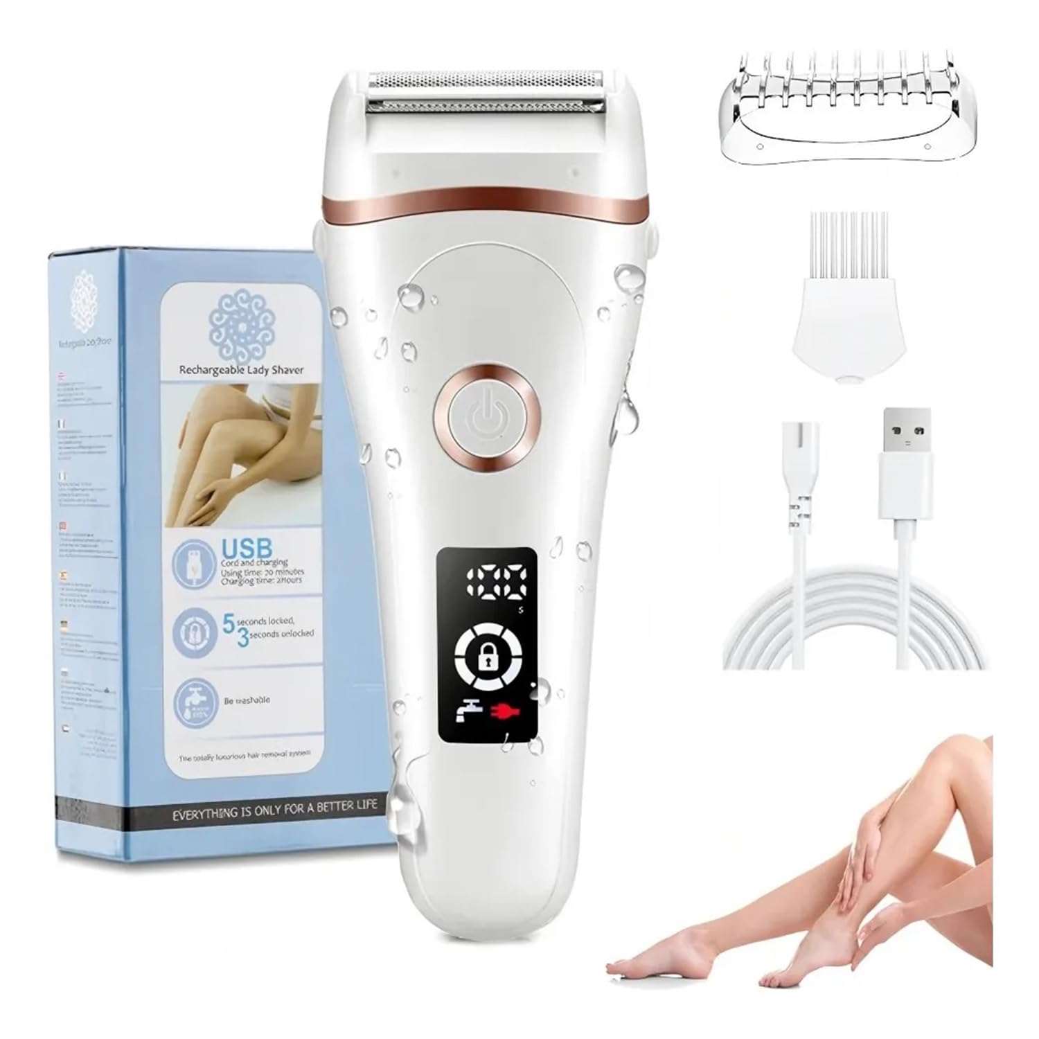 Electric Lady Shaver Bikini Trimmer, Wet & Dry Rechargeable Cordless Painless Electric Razor for Women, LED Display Razor for Legs Underarms