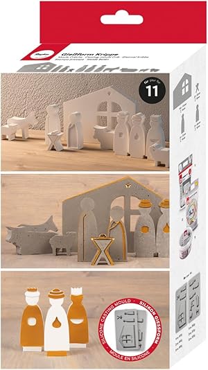 Rayher Silikon Gießform Krippe, 2teilige Form mit 11 Einzelmotiven, zum Ausgießen mit Kreativ-Beton, Schmuck-Beton, Raysin-Gießpulver, Gießharz, Wachs, 36131000, Grau, Box