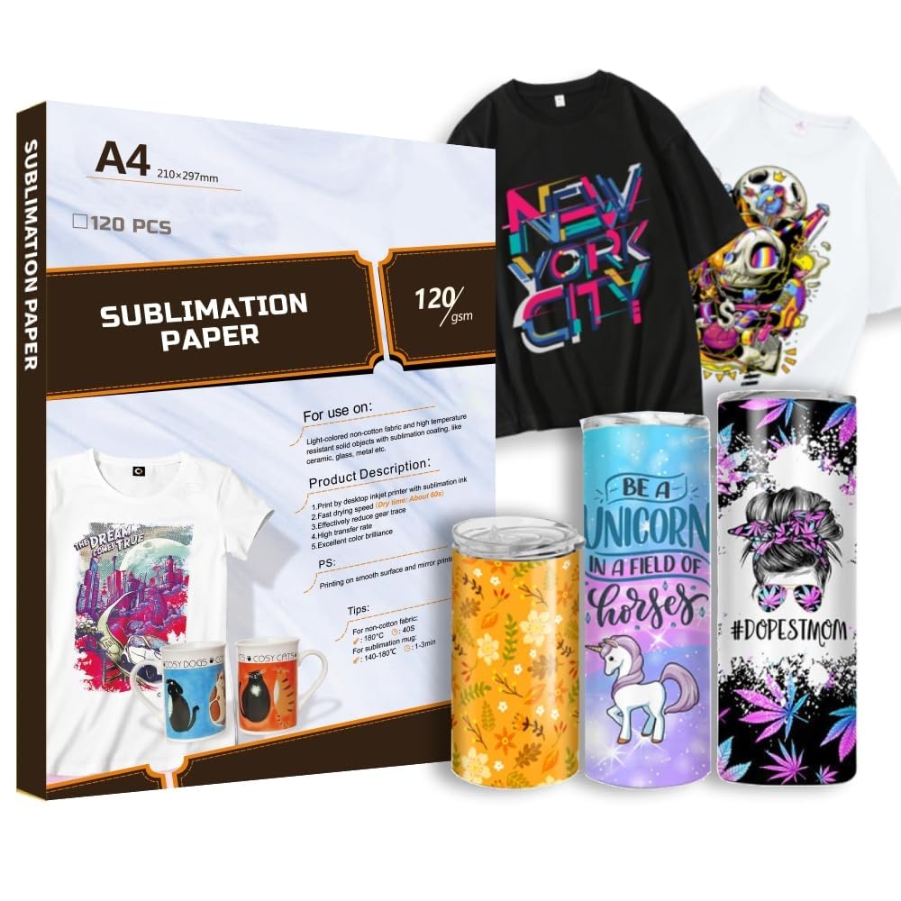 Creatorally Sublimation Paper A4, 120 Sheets 120 g/m² All Purpose for Cotton Metal Ceramic Glass, Compatible with Inkjet Printer, Sublimation Printers, Heat Press