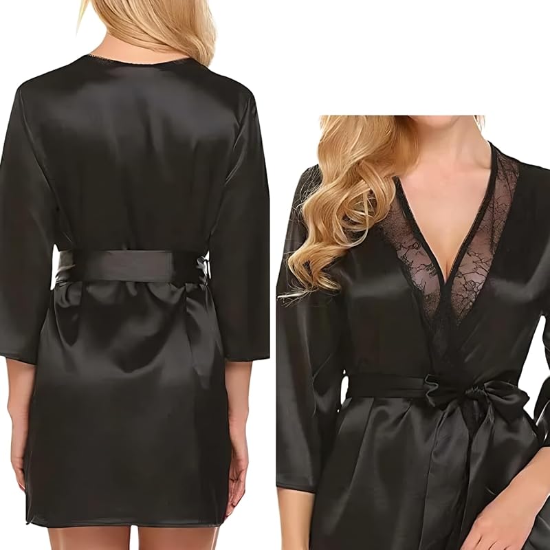 Damen Halbarm Satin Pajama-Kleid, V-Ausschnitt und Spitzenbesatz Nachthemd, Bequemes Eisseiden Pyjama-Nachthemd Mini Kleid Weiche Schlafanzug-Bindesachen, Loungewear (Weiß, L)
