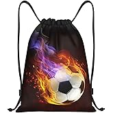YIJIUWKIS Boys Drawstring Bags with Fire Soccer Ball, Cool Sports Drawstring Backpack for Teens Boys Girls Adults Women Men, Black Daypack Bag for Work Gym Swim Travel Hiking School, Small