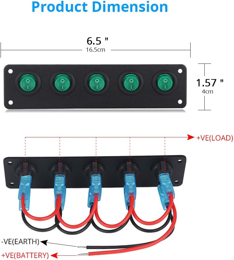 WATERWICH DC 12V-24V 5 Gang ON-Off Buttom Ignition Marine Boat Toggle Rocker Switch Panel Waterproof for RV Car Vehicles Truck Trailer Yacht SUV (5 Gang Green): Automotive