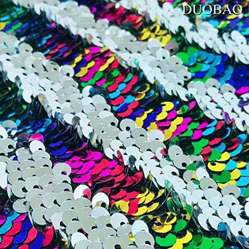 DUOBAO Rainbow to Silver Mermaid Fabric by The Yard Two Tone Sequin Fabric Sequence Fabric Reversible Unique Quality Fabrics Mesh Sequins