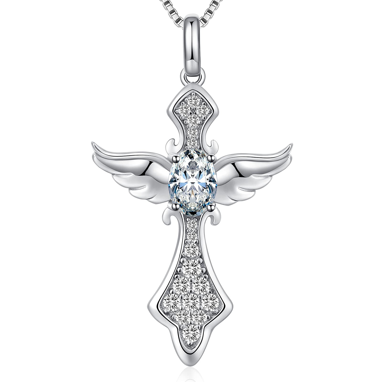 Jiahanzb Sterling Silver Angel Wing Cross Necklace Birthstone Pendant for Women Crosses Necklaces CZ Diamond Jewelry Women April Birthday