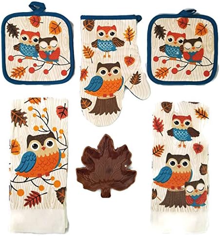Fall Kitchen Mitt,Potholder Towel Kitch set With Fall Leaf Cermic Spoon Rest (Blue Owls)