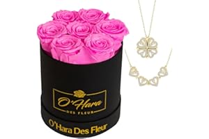 O'Hara Des Fleur Flowers Fresh Bouquet| Forever Flowers Roses in a Box with Necklace| Preserved Roses that last a years| Gift Mother's Day Birthday Anniversary. (7 Hot Pink//Black Box)