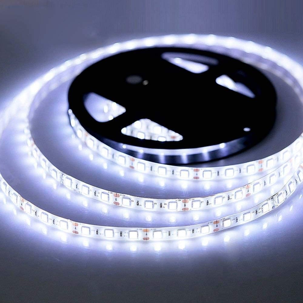iNextStation 5M Cool White LED Strip Light, 12V SMD5050 Outdoor Waterproof Cuttable Tape Lights, 300LEDs High Bright Lights for Bedroom TV Backlight Kitchen Table Bookcase Mirror DIY Decor (No Plug)