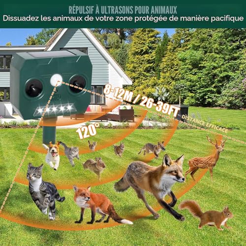 RAYGARD 2 x Outdoor Cat Repellent, Ultrasonic Solar Repellent for Dogs, Waterproof IP45, 12 m, 120 °, Garden Pet Scarer with LED Light for Cats, Dogs, Foxes, Martens