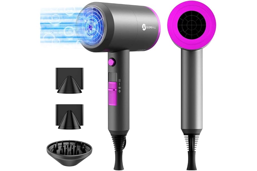 slopehill Professional Ionic Hair Dryer, Powerful 1800W Fast Drying Low Noise Blow Dryer with 2 Concentrator Nozzle 1 Diffuser Attachments for Home Salon Travel