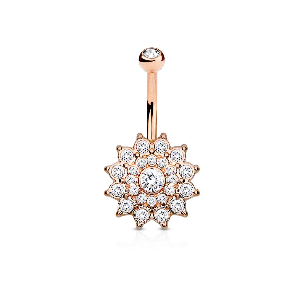 PiercedOff 316L Surgical Steel IP Rose Gold Tone Externally Threaded Belly Bar with Clear CZ Dahlia Flower - Thickness 14GA (1.6mm) / Length 10mm / Ball Size 5mm / Flower 16 x 16mm