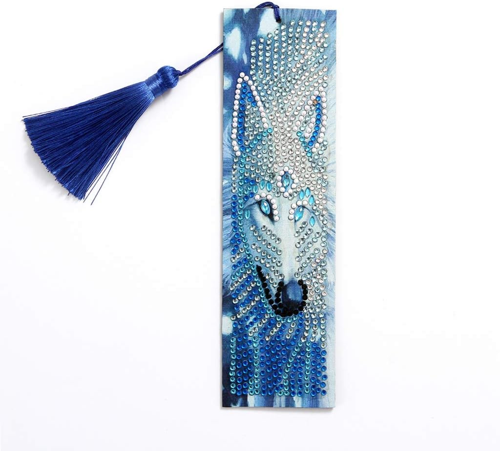 VETPW DIY Wolf Beaded Bookmark - 5D Diamond Craft Painting Kit With Special Shaped Diamond Tassel Leather Bookmark