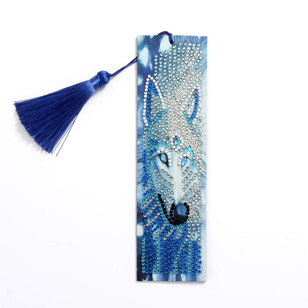 VETPW DIY Wolf Beaded Bookmark - 5D Diamond Craft Painting Kit With Special Shaped Diamond Tassel Leather Bookmark