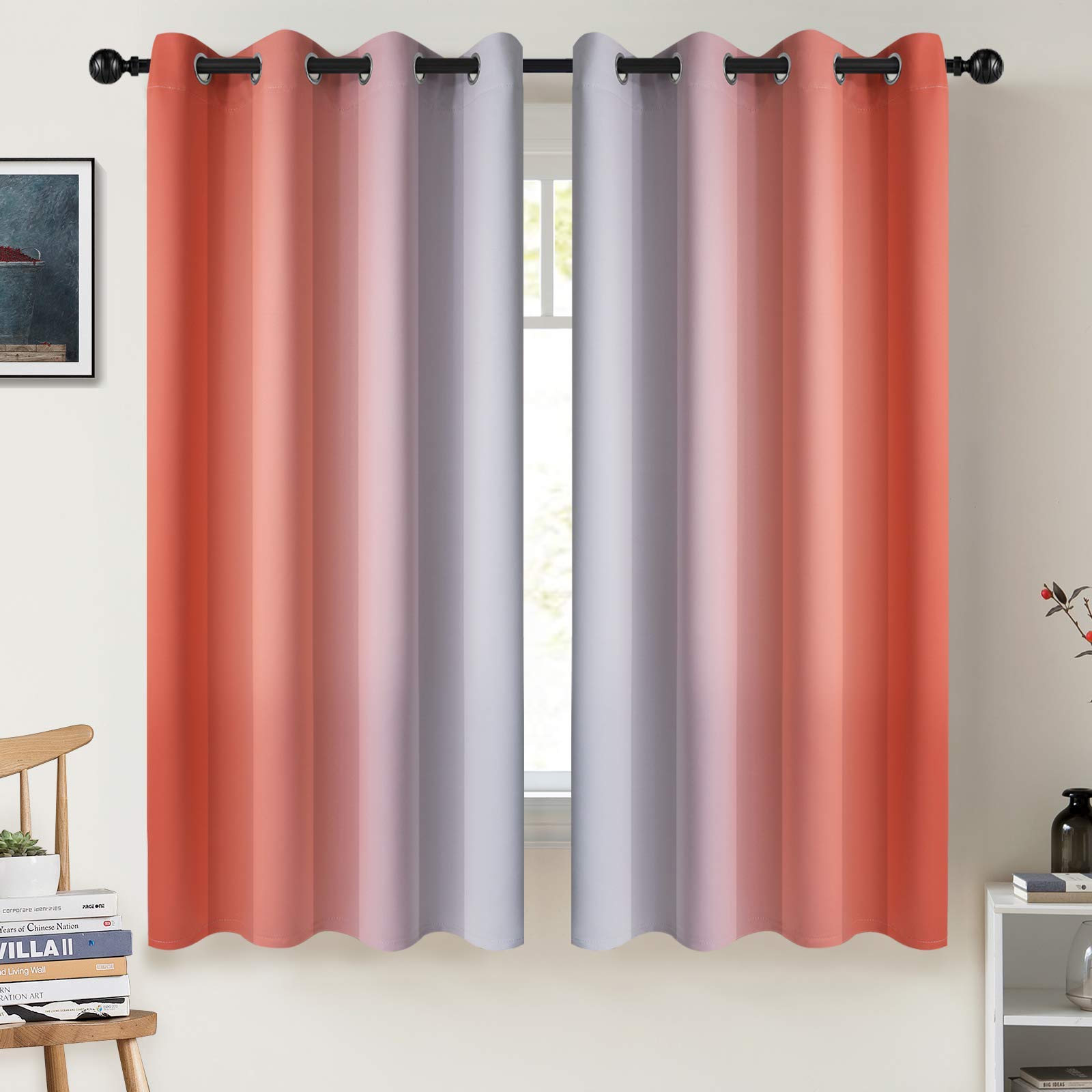 COSVIYA Grommet Ombre Room Darkening Curtains 63 inch Length, Coral and Greyish White Gradient Drapes Light Blocking Insulated Thermal Window Curtains for Bedroom/Living Room,2 Panels,52x63 inches