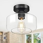 Industrial Semi Flush Mount Ceiling Light: Black Kitchen Lighting Fixtures Ceiling with Clear Glass - Vintage Hallway Light F