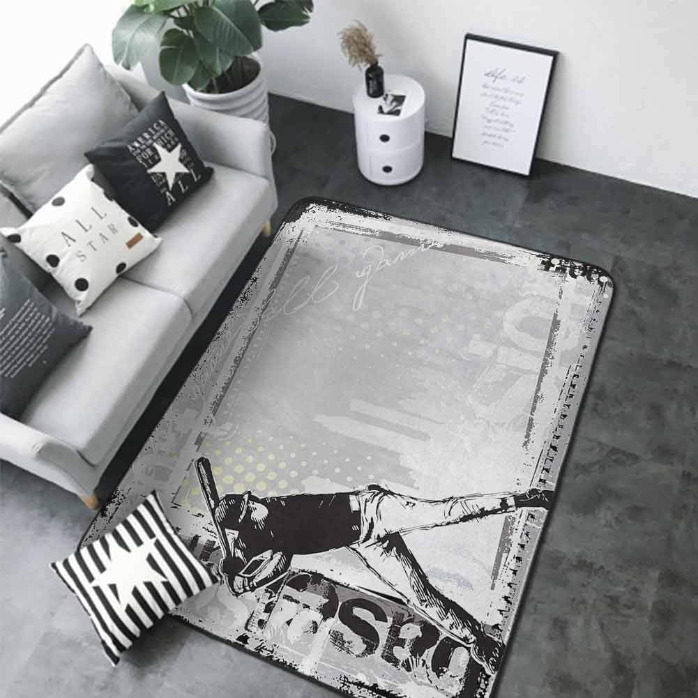 Washable Kitchen Area Rug Baseball,Hitter in Field Graphic Distressed Backdrop Fast as You Can Image Baseball Themed,Black White 36"x 60" Rugs