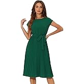 Allegra K Women's Pleated Dress Crew Neck Cap Sleeve Tie Waist A-Line Dresses