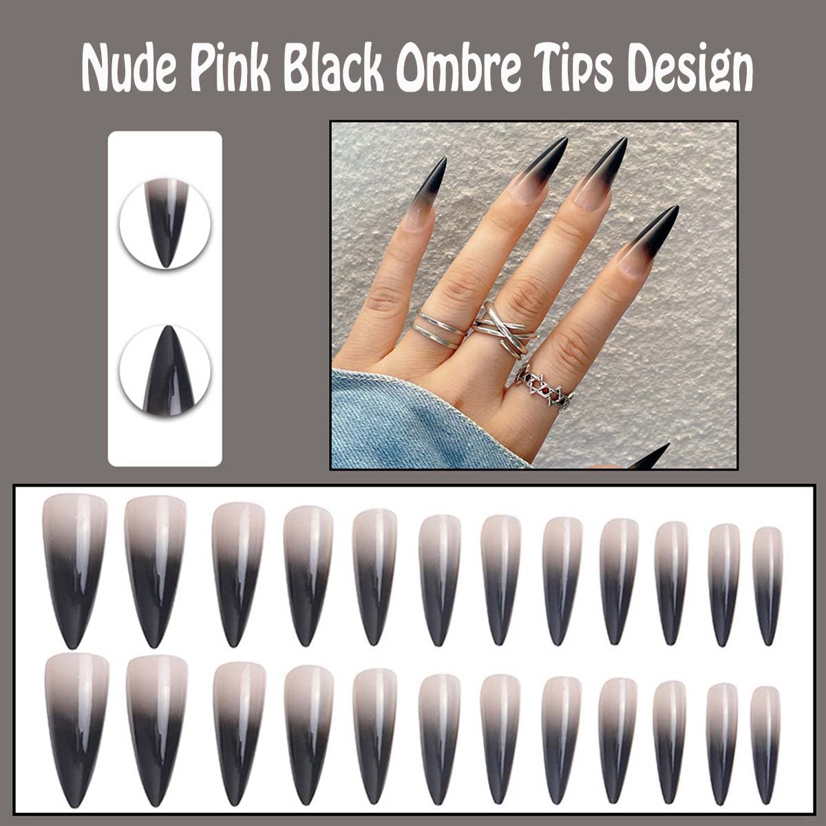 ANDGING Press on Nails Short Medium Stiletto, Fake Nails for Women with Nude Pink Black Ombre Tips Design, Full Cover Acrylic Nails Press on, Reusable Glue on Nails Stick on Nails for Christmas 24Pcs - Image 2
