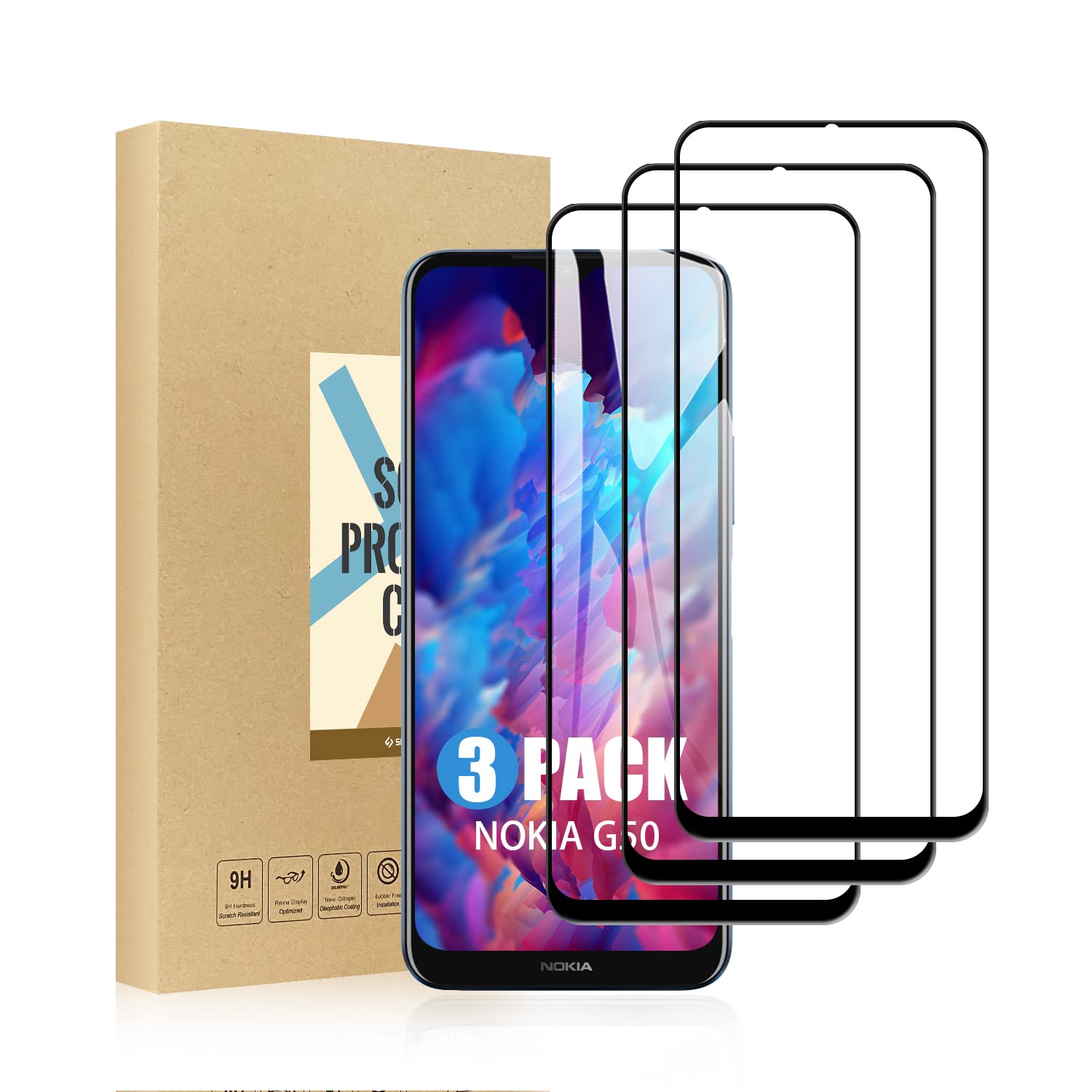 SCL Screen Protector for Nokia G50 Screen Protector, [3-Pack] [Full Coverage] Tempered Glass Film, 9H-Hardness, Anti-Scratch, Less-Fingerprint, Bubble-Free
