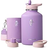 Coolflask Half Gallon Water Bottle Insulated with PU Leather Sleeve, 64 oz Water Bottle Color Contrast with Straw Lids, Stainless Steel Metal Large Water Jug, Keep Cold 48h Hot 24h,Lilac Purple