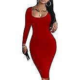 HTD Women's Sexy Bodycon Dress Long Sleeve Club Party Casual Midi Pencil Dresses
