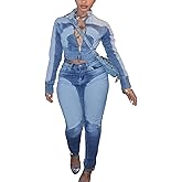 VOIKERDR Denim Two Piece Outfits for Women Long Sleeve Cropped Jacket and Jeans Set Y2K Clothes