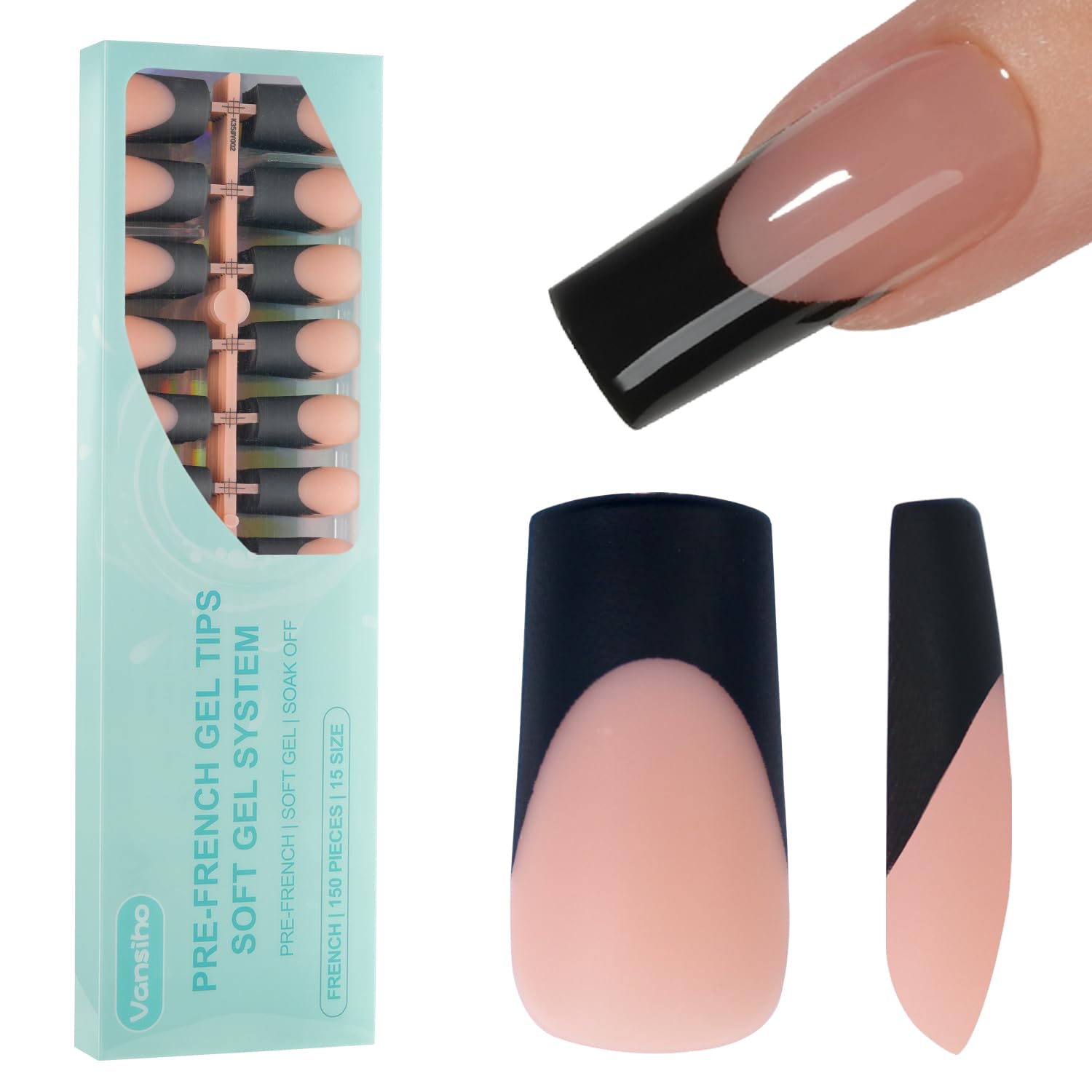 Photo 1 of 150Pcs Black French Gel Nail Tips, Vansiho Long Square Nail Tips, Pre-French Tips Press on Nails Brown, Fake Nails for Nail Art DIY 15 Sizes