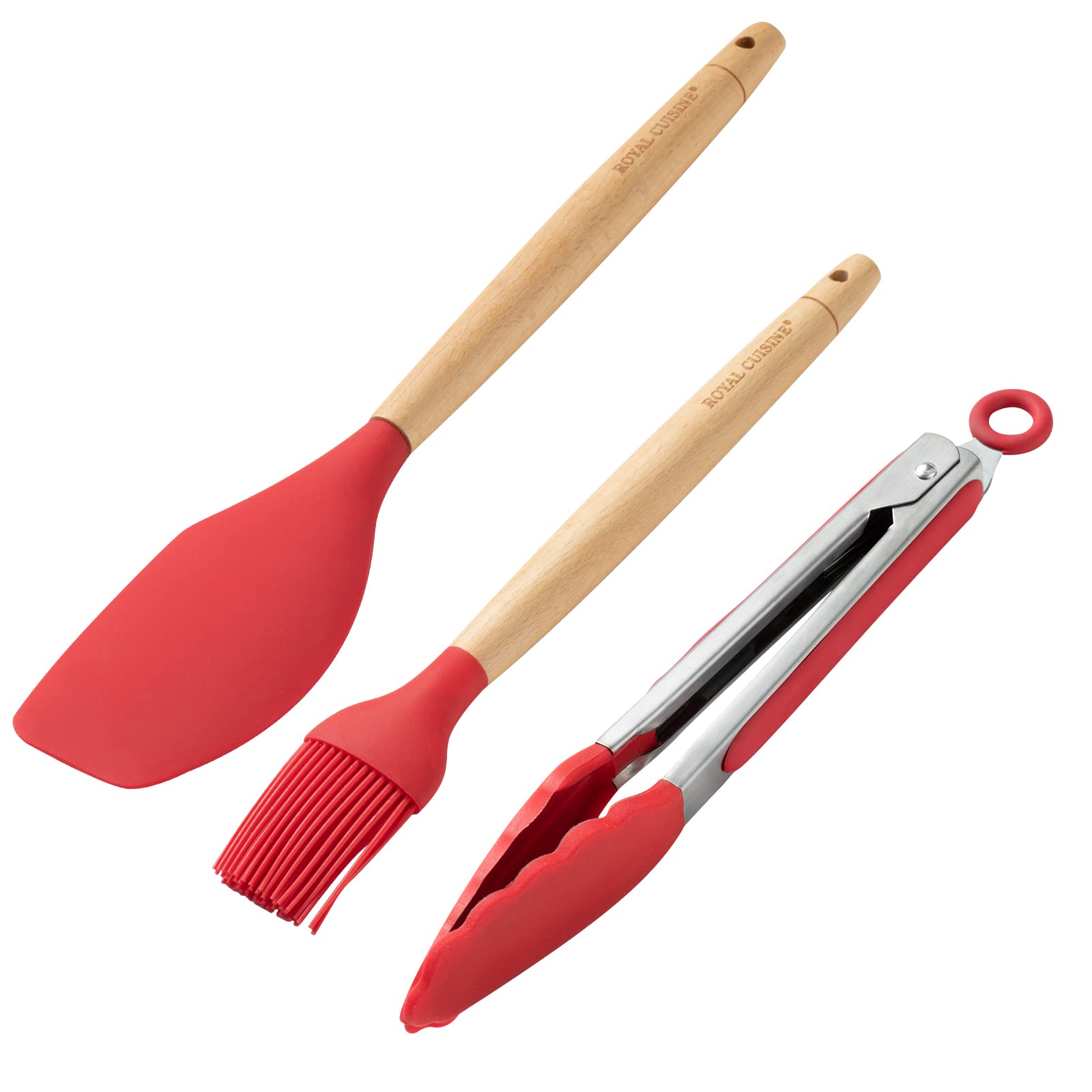 Royal Cuisine 3-Piece Silicon Kitchen Set - Tongs, Spatula, BBQ Brush for Oiling - Wooden Handle, Heat Resistant - Red/Grey
