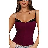 Women Sexy Lace Trim Tank Cami Top with Built in Bra Cute Padded Fitted Double Lined Lingerie Summer Going Out Shirts Date Night Club Concert Country Outfits Coquette Clothes, Burgundy, X-Small