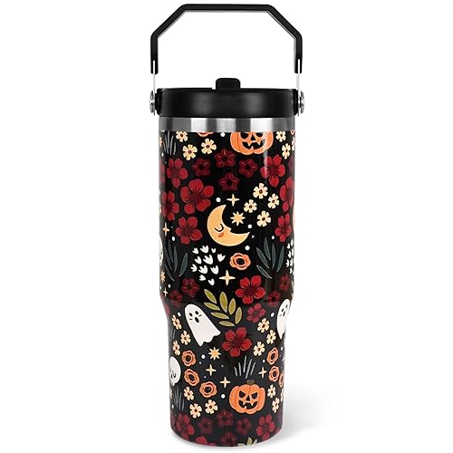 Halloween Tumbler with Lid and Straw 30oz,Skulls Ghost Pumpkins Flower Vacuum Insulated Leak Proof Tumbler,Goth Cute Spooky Gift Women Kids Teen Girls,Halloween Accessories Stainless Steel Coffee Cup