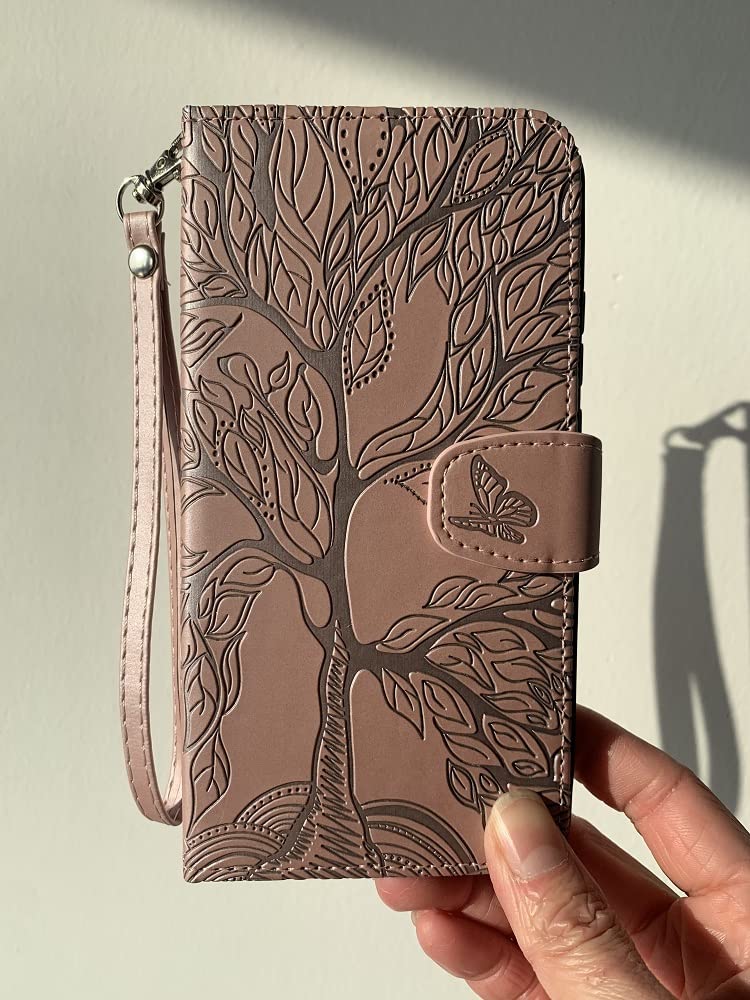 Sammili Flip Phone Case for Huawei P40 pro,Tree Embossed folding Phone Case,Wallet PU Leather cover with Stand Function and Wrist Strap Pink