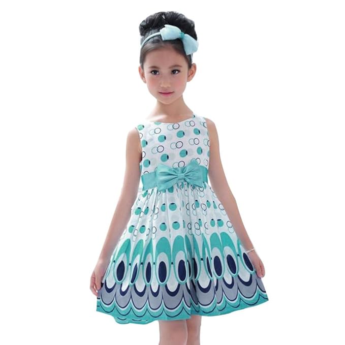 Kleider Mädchen, GJKK Kinder Mädchen Bogen Gürtel ärmellose Crewneck Blase Pfau Kleid Sommer Kleid A-Linie Prinzessin Maedchen Kleid Partykleid Abendkleid Minikleid Kinderkleid
