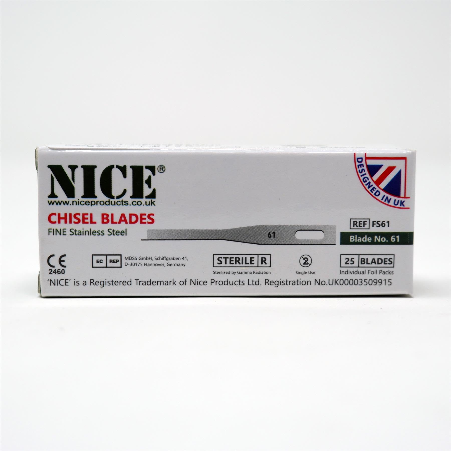 25 x NICE FINE 61 Sterile Individually Packed Stainless Steel Chisel Blades FS61 for Podiatry and Chiropody