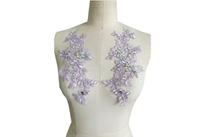 PLUNE Handmade Appliques 1 Pair of Embroidery Sequin Lace Applique Sewing Flower Fabric Collar Patch Motif Wedding Gown Dress Bridal DIY Crafts (Light Purple)