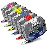 Topcolor 6-Pack 12mm 0.47" Multi-Color Label Tape Compatible for Brother Tze431 Tze531 Tze631 Tze MQG35 MQP35 P Touch Tze Tz Tape 12mm 0.47" Laminated White for PTH110 PTD220 PTD210 PTD400 PTD610BT