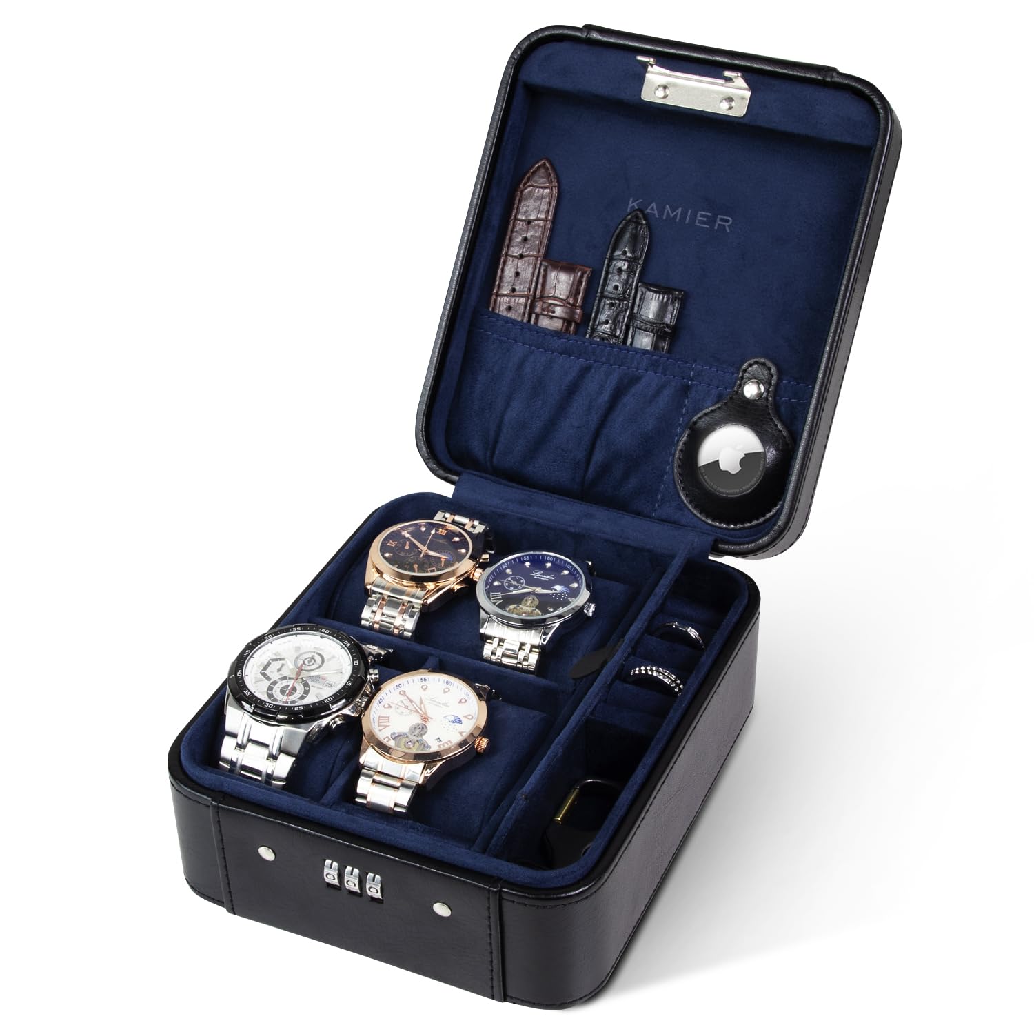 Photo 1 of KAMIER Watch Case with Combination Lock - 4 Watch Storage and Jewelry Organizer - Watch Travel Case for Ring and Watch Storage, PU Leather Travel Watch Case, Ideal for Gift (With Gift Box),Black