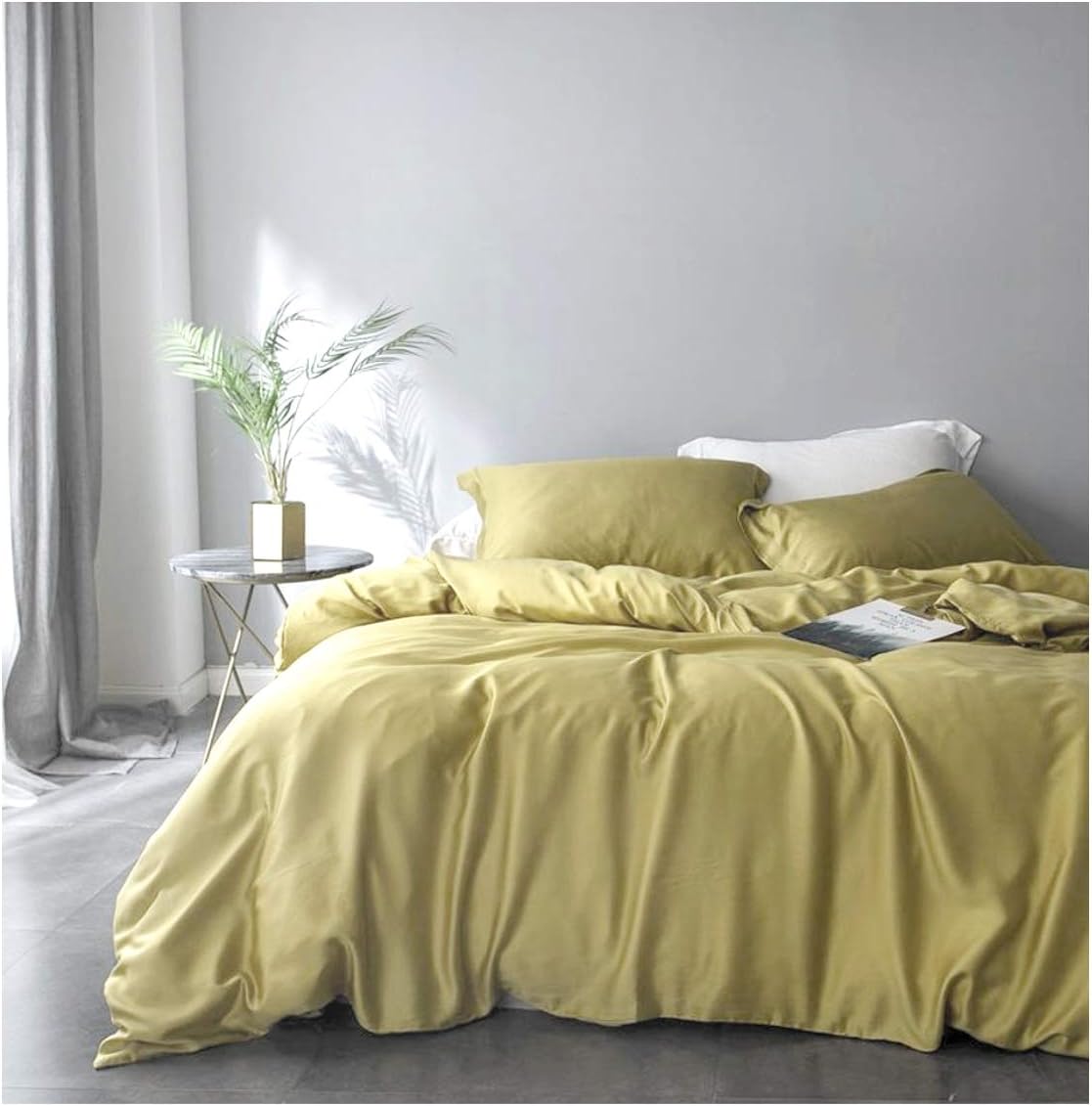 Solid Color Egyptian Cotton Duvet Cover Luxury Bedding Set High Thread Count Long Staple Sateen Weave Silky Soft Breathable Pima Quality Bed Linen (Queen, Chartreuse Mist)