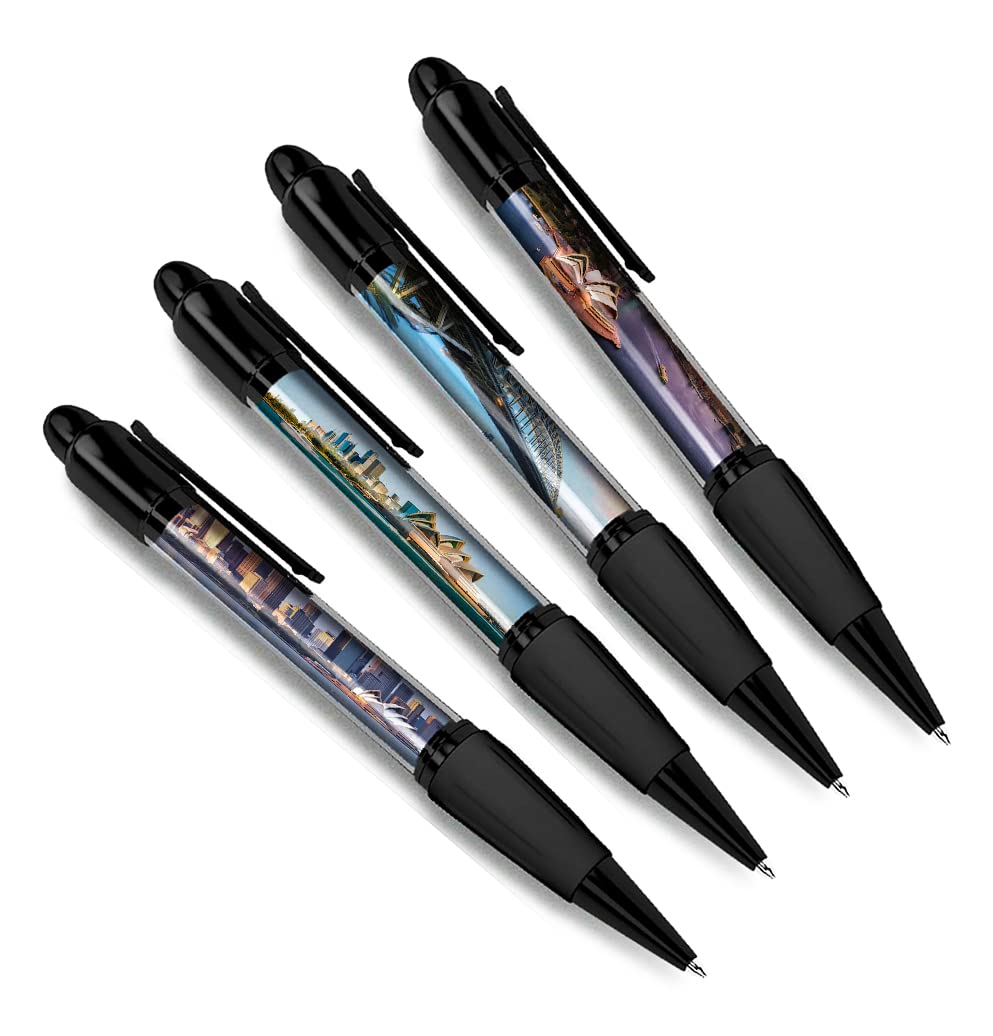 DV DESIGN Set of 4 Sydney Black Ballpoint Pens - Australia Opera House Harbour Flag Holiday Travel Friends Boys Girls Men Women Theme Pen #79496