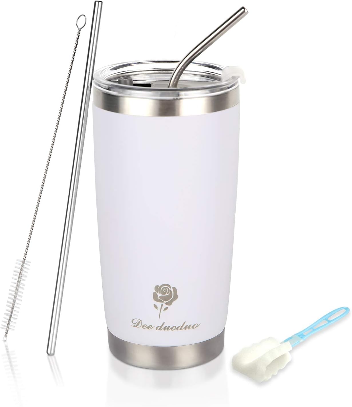 20 oz. Tumbler Double Wall Stainless Steel Vacuum Insulated Coffee Cup with Splash-Proof Lid, 2 Metal Straws and Brush, Travel Mug for Home Office School (White)