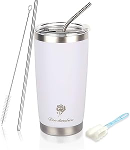 20 oz. Tumbler Double Wall Stainless Steel Vacuum Insulated Coffee Cup with Splash-Proof Lid, 2 Metal Straws and Brush, Travel Mug for Home Office School (White)