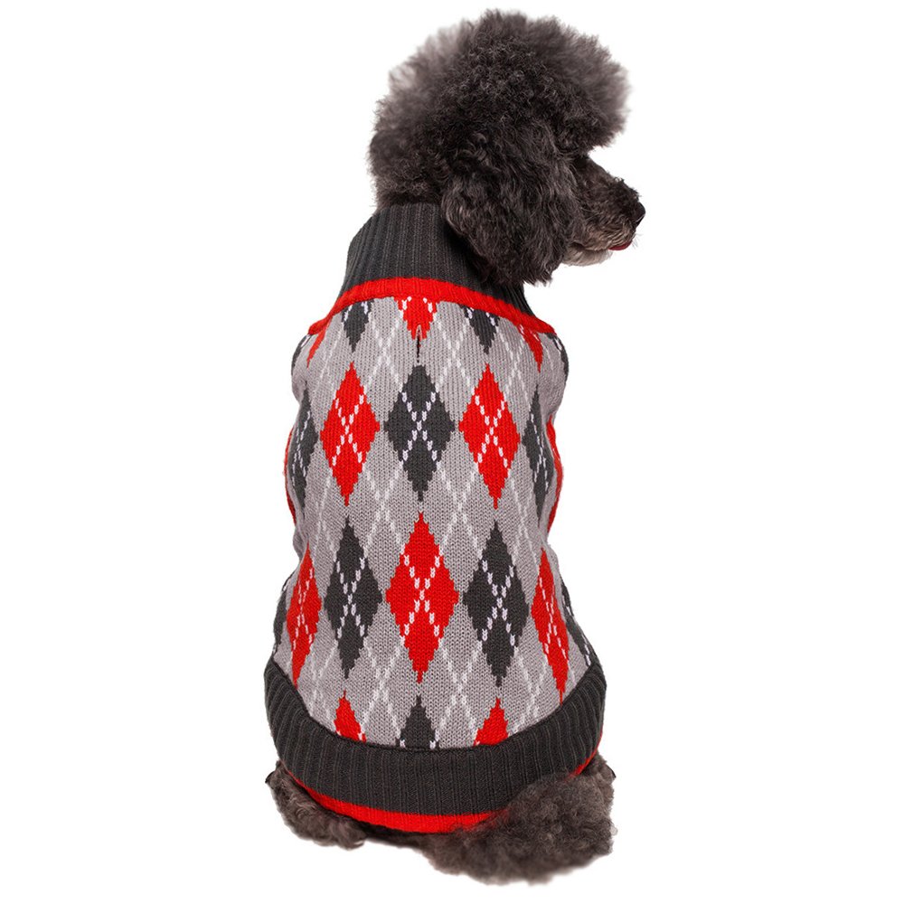 Blueberry Pet Chic Argyle All Over Dog Jumper in Charcoal and Scarlet Red, Back Length 36cm, Pack of 1 Clothes for Dogs