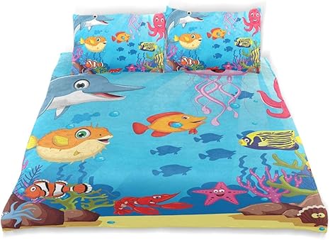 Amazon Dojofelpm 布団カバーセット 掛け布団カバーセット ボックスシーツ 枕カバー コミックアートワークハッピー動物漫画のキャラクター 軟体動物岩太陽光線 ホテルふとんカバー オシャレ マイクロファイバー 寝具カバーセット ダブル 190x210cm 寝具カバーセット