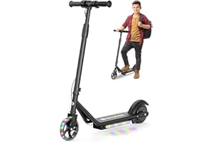 isinwheel Electric Scooter for Kids Ages 6-12, 150W Motor, 6/10 MPH Speeds, Colorful Lights, Adjustable Height, Kids Electric Scooter with Dual Brake & Thumb Throttle— Great Gift for Boys & Girls