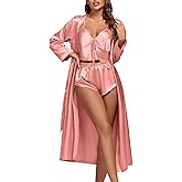 OPOIPIN Women's 3Pcs Pajamas Satin Cami Top and Shorts with Robe Sleepwear Set