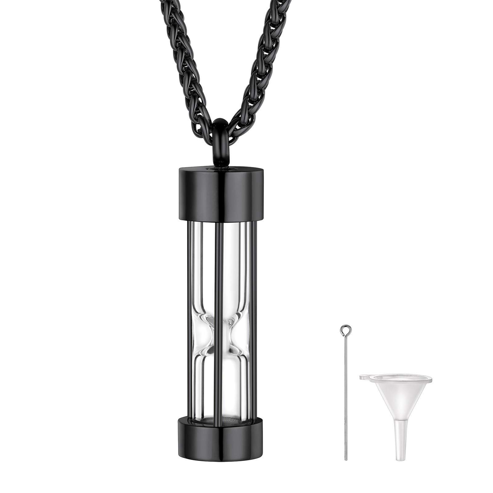 FindChic Hourglass Ashes Necklace Waterproof Cremation Jewelry for Ashes Pendant Stainless Steel Black Hourglass Urn Necklace Jar